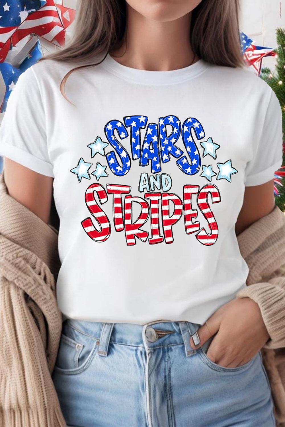 White Stars and Stripes Round Neck Graphic T Shirt Graphic Tees JT's Designer Fashion