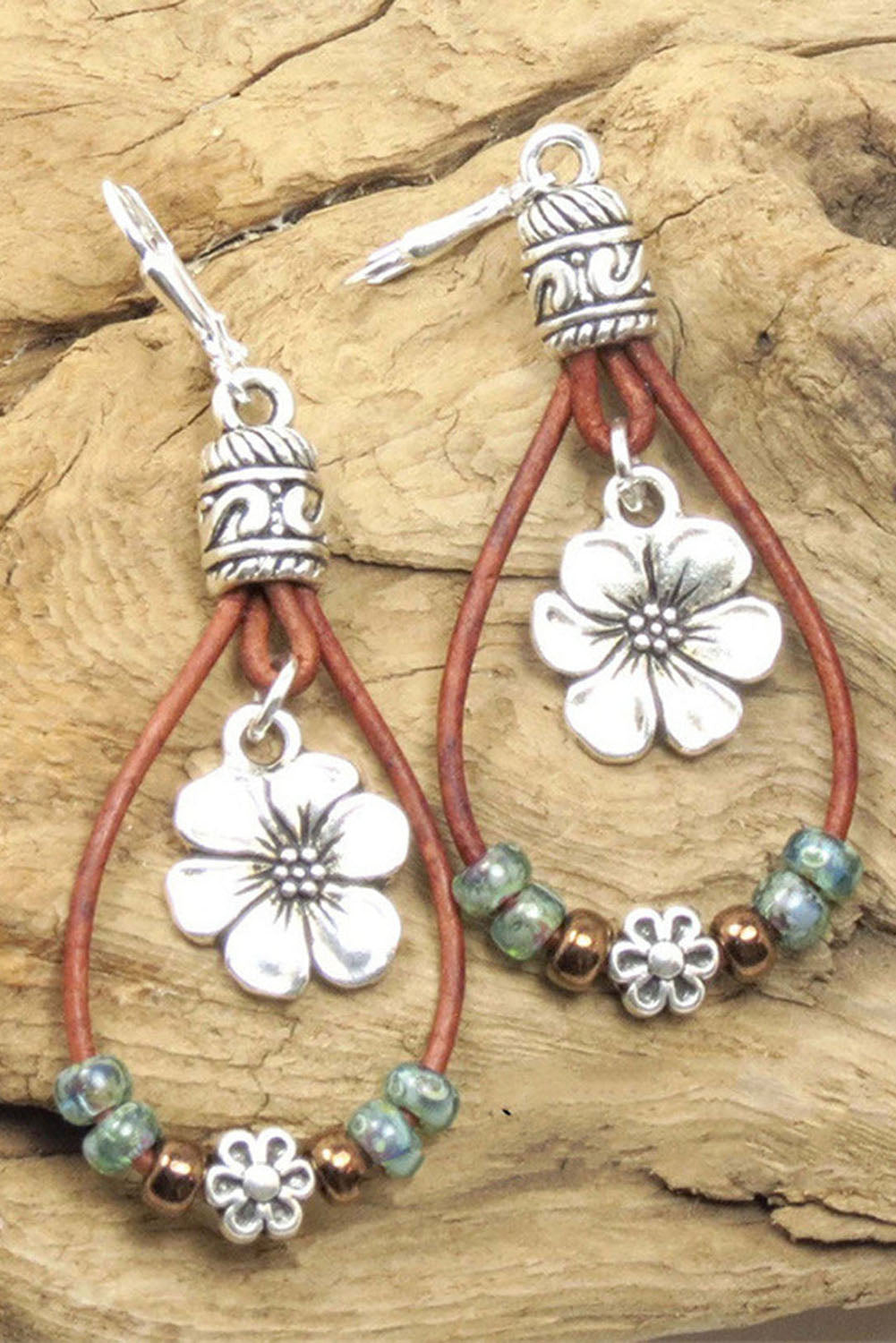 Silvery Western Leather Beaded Floral Dangle Earrings Jewelry JT's Designer Fashion