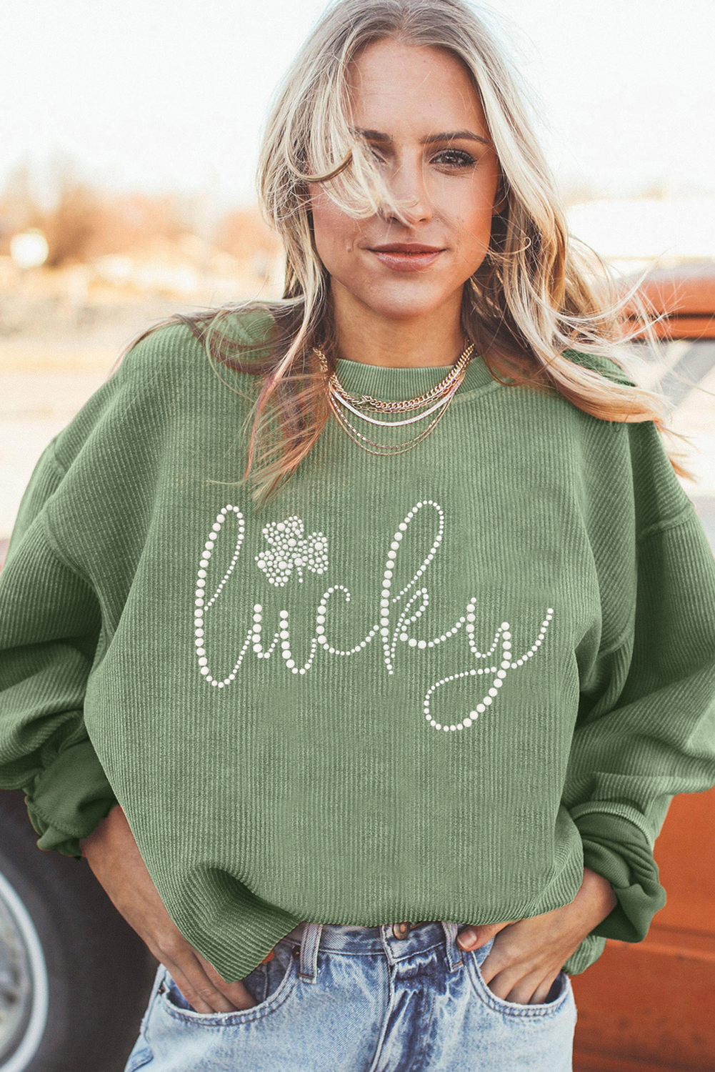 Grass Green Rhinestone lucky Clover Graphic Ribbed St Patrick Sweatshirt Graphic Sweatshirts JT's Designer Fashion