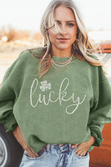 Grass Green Rhinestone lucky Clover Graphic Ribbed St Patrick Sweatshirt Graphic Sweatshirts JT's Designer Fashion