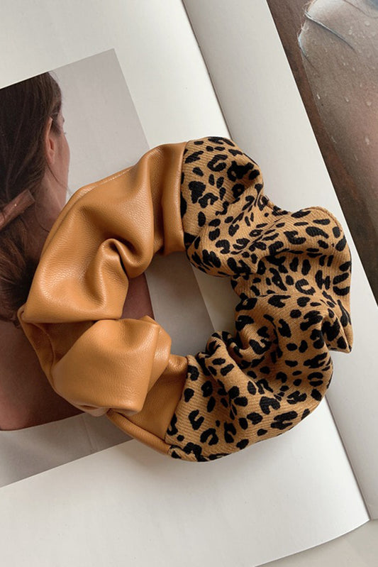 Brown PU Leather Leopard Patchwork Hair Tie Headwear JT's Designer Fashion