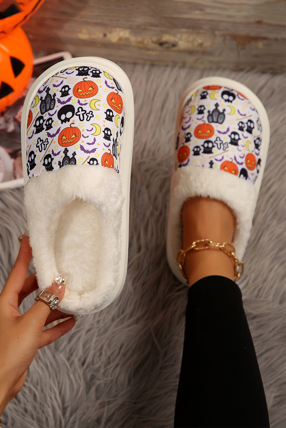 White Halloween Pumpkin Ghost Print Plush Home Slippers Slippers JT's Designer Fashion