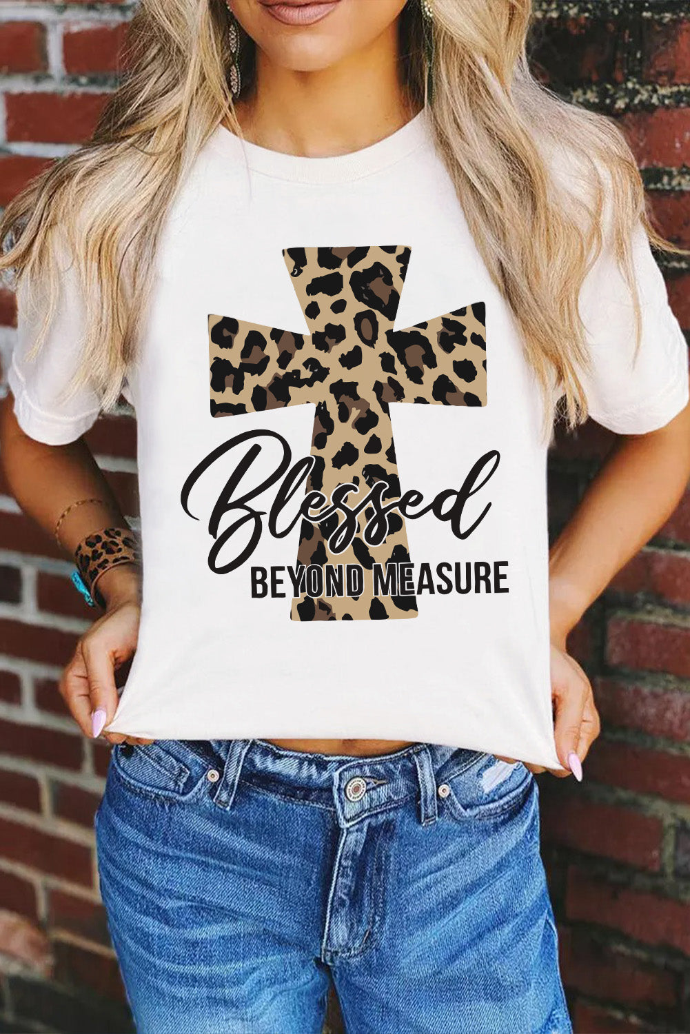 White Blessed Leopard Cross Graphic T Shirt Graphic Tees JT's Designer Fashion