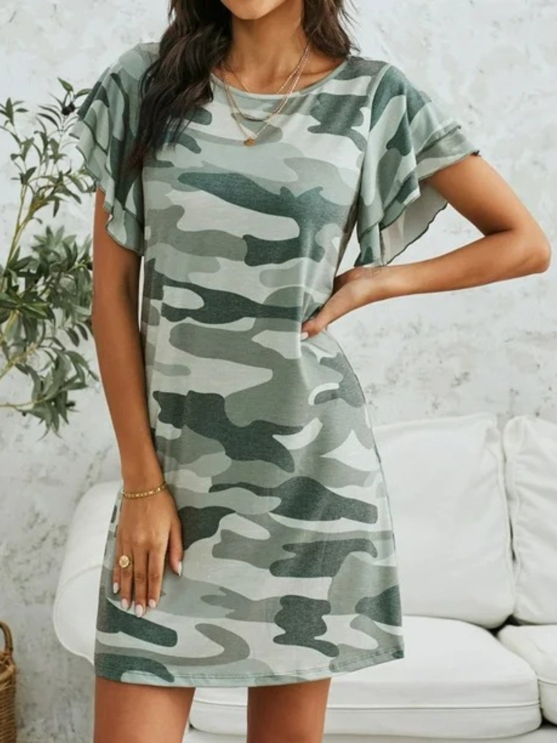 Camouflage Round Neck Short Sleeve Mini Dress Mini Dresses JT's Designer Fashion