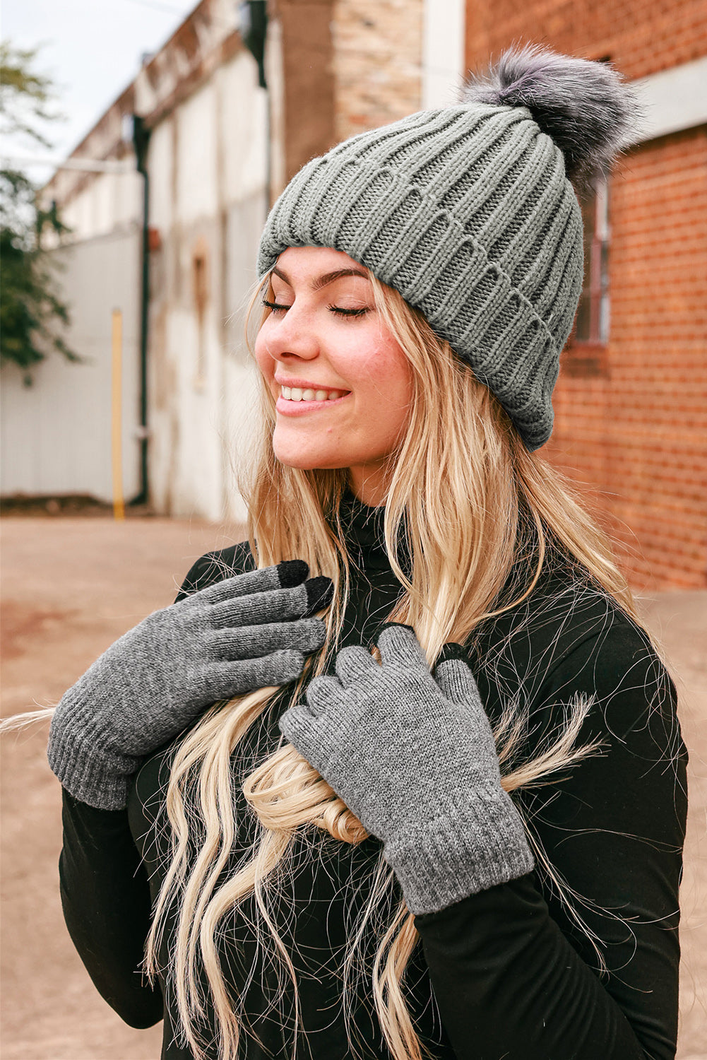 Gray Warm Furry Pompom Beanie with Telefingers Gloves Hats & Caps JT's Designer Fashion