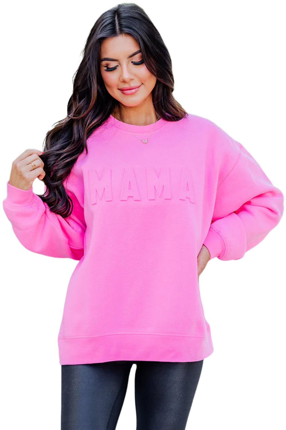 Bright Pink MAMA Letter Embossed Casual Sweatshirt Sweatshirts & Hoodies JT's Designer Fashion