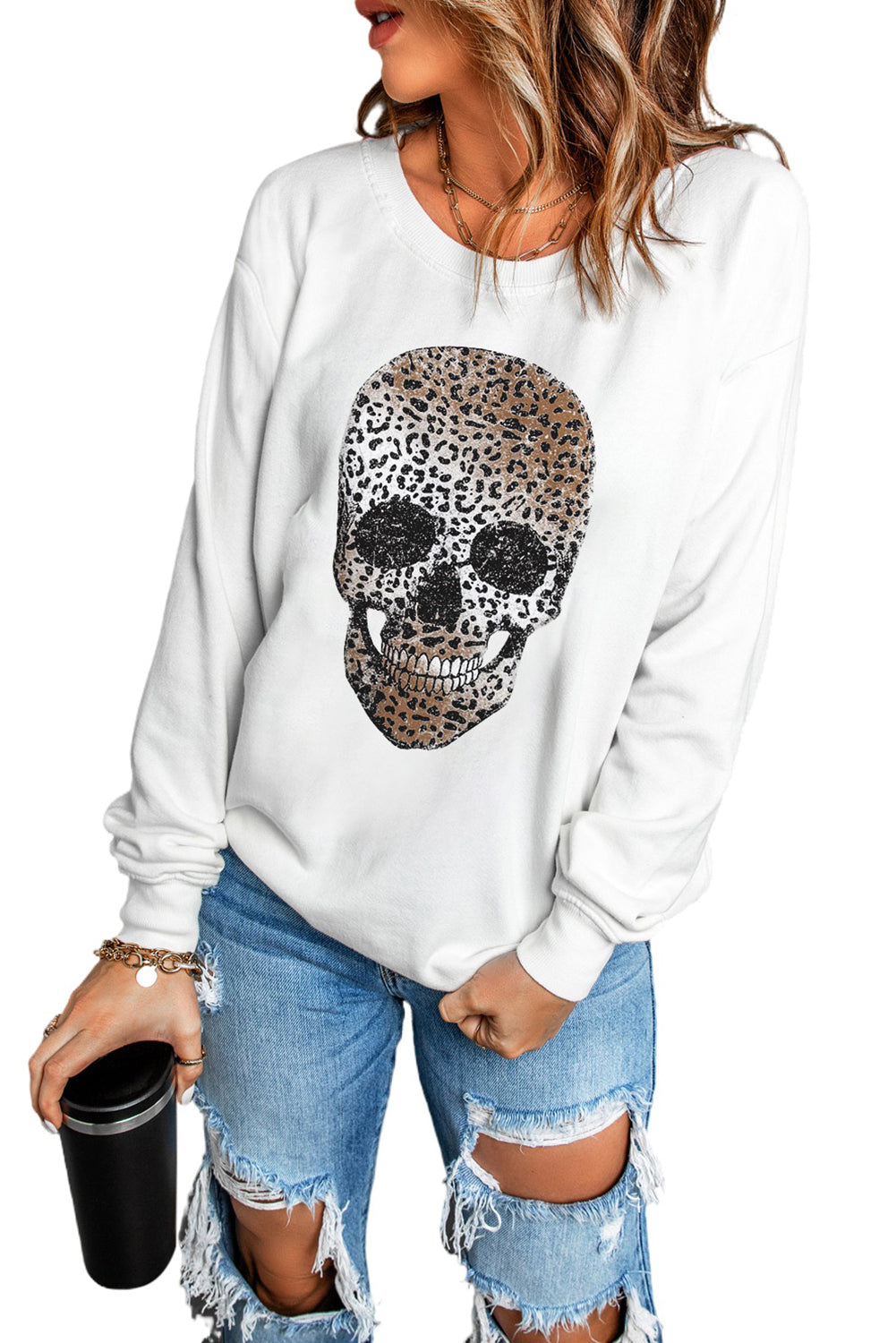 White Leopard Skull Print Crew Neck Graphic Sweatshirt Graphic Sweatshirts JT's Designer Fashion