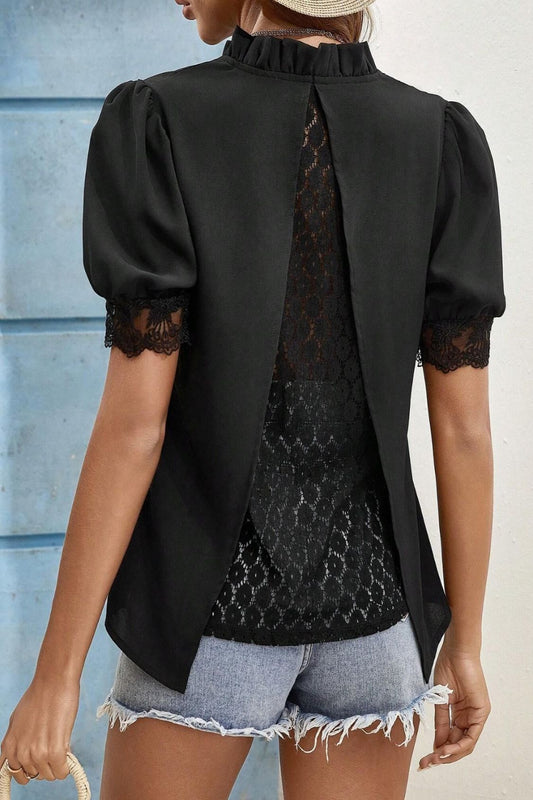 Lace Detail Notched Short Sleeve Top Black Blouses & Shirts JT's Designer Fashion