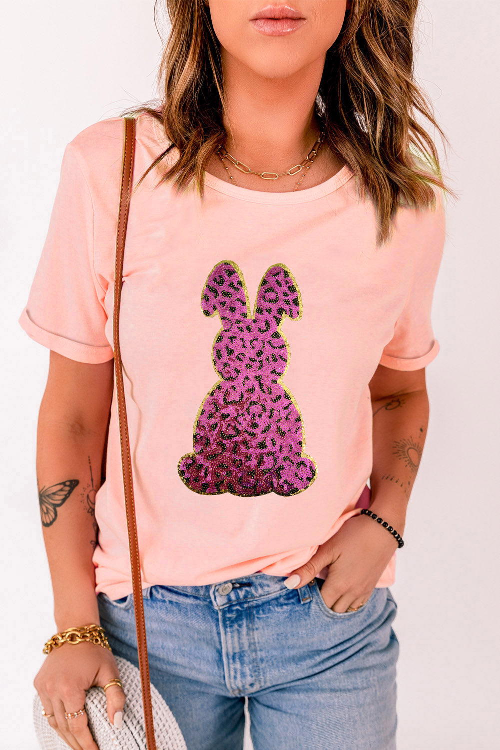 Pink Sequined Leopard Bunny Easter Graphic Tee Graphic Tees JT's Designer Fashion