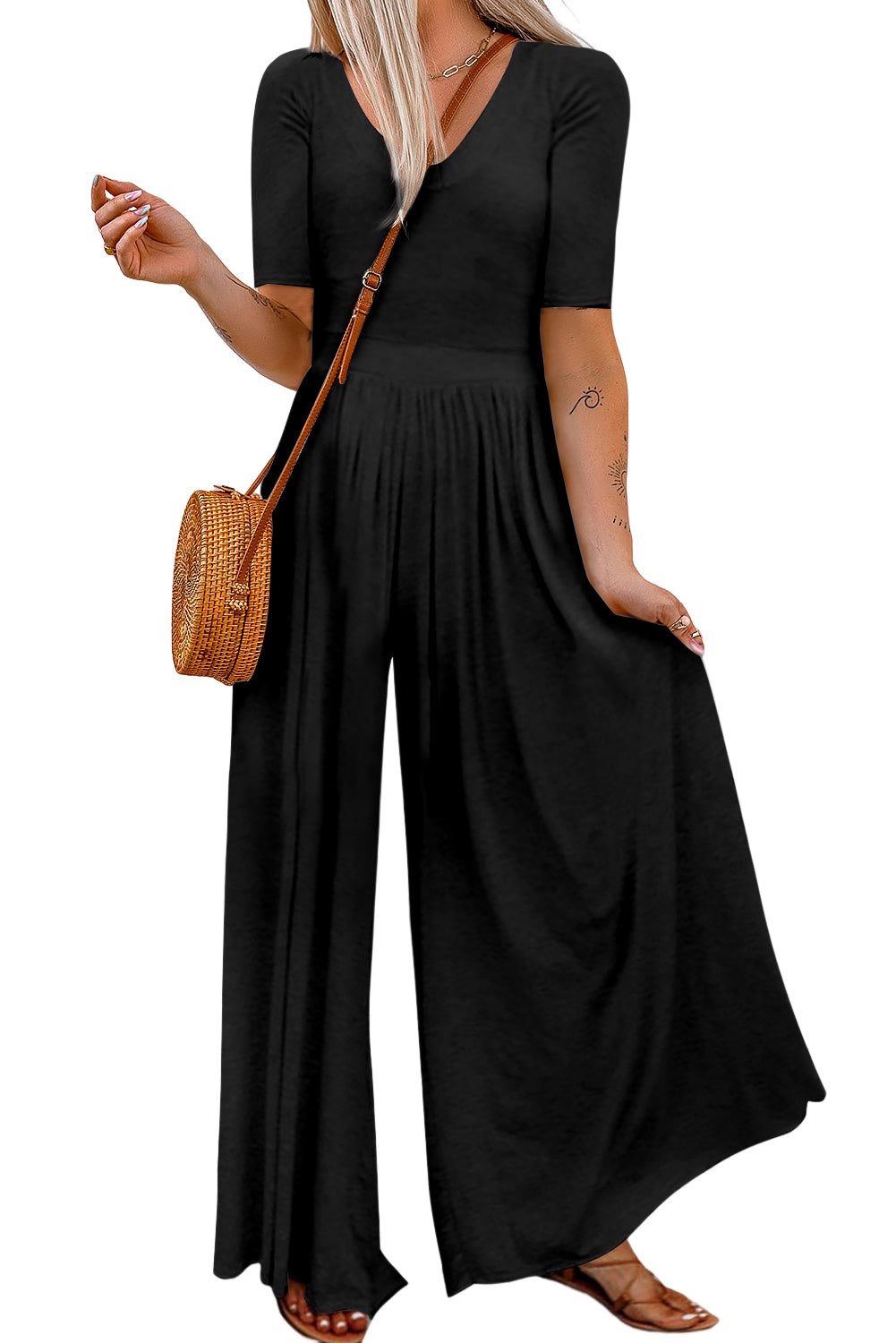 Black Short Sleeve Bodice Flowy Wide Leg Jumpsuit Jumpsuits & Rompers JT's Designer Fashion