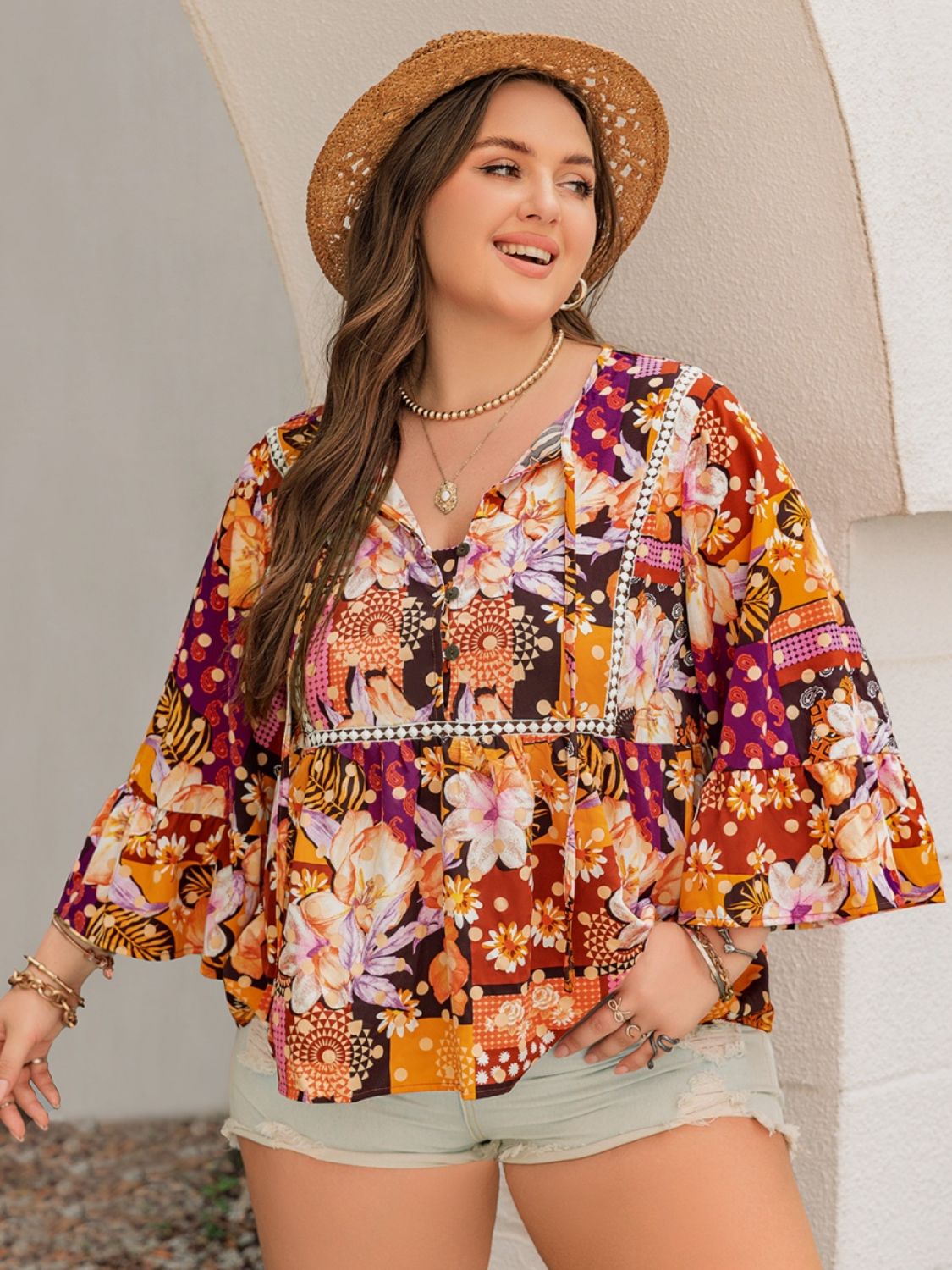 Plus Size Printed Tie Neck Blouse JT's Designer Fashion