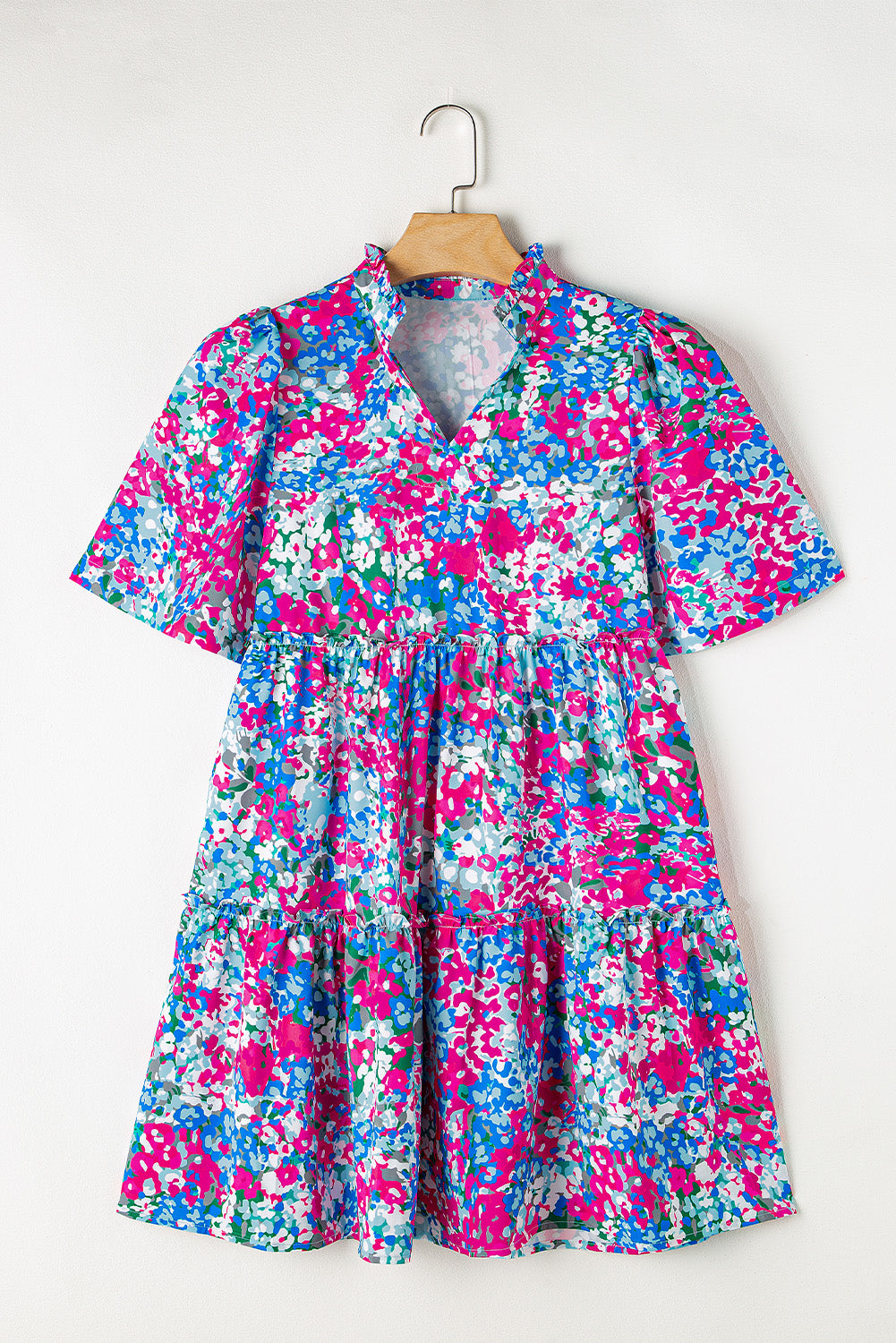 Multicolour Floral Short Sleeve V Neck Tiered Mini Dress Floral Dresses JT's Designer Fashion