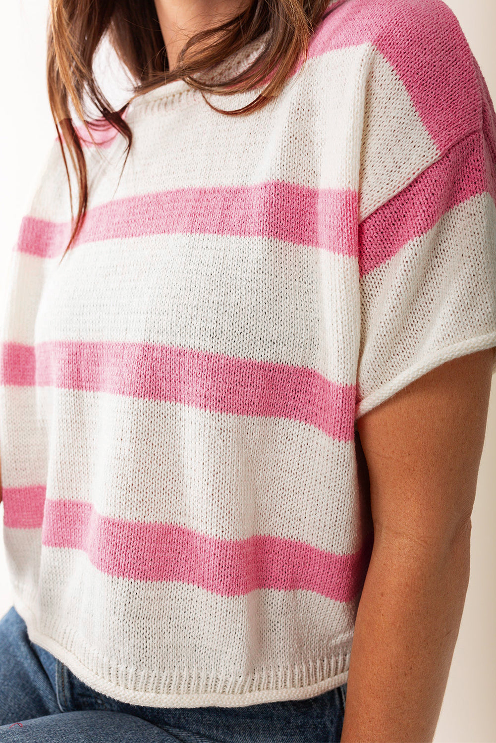 Pink Stripe Dropped Short Sleeve Lightweight Knitted Top Pre Order Sweaters & Cardigans JT's Designer Fashion