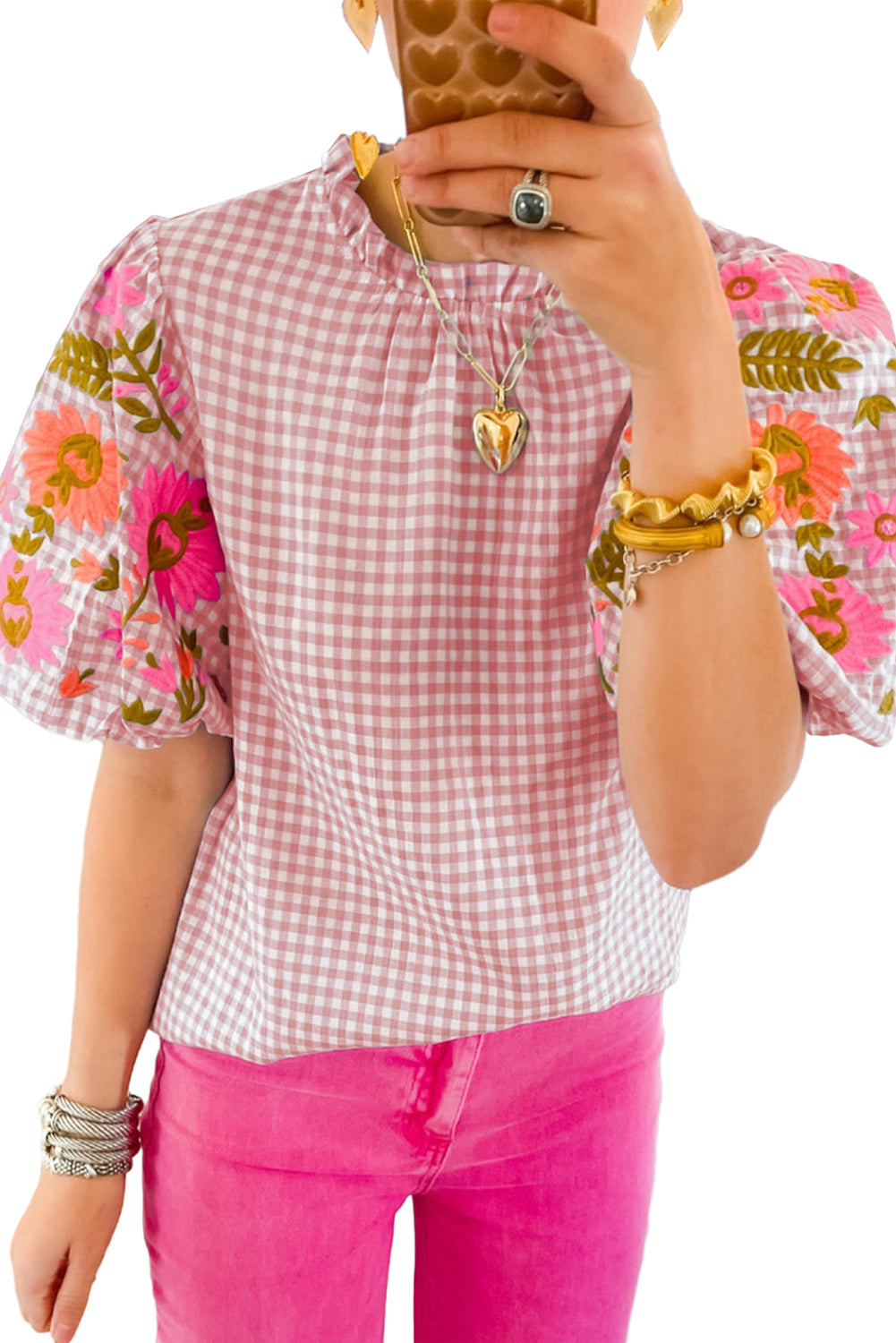 Pink Gingham Embroidered Puff Sleeve Blouse Tops & Tees JT's Designer Fashion