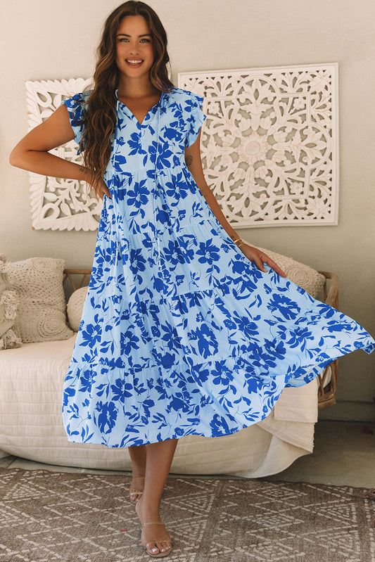 Sky Blue Floral Print Tiered Frilled Trim Flutter Sleeve Maxi Dress Floral Dresses JT's Designer Fashion