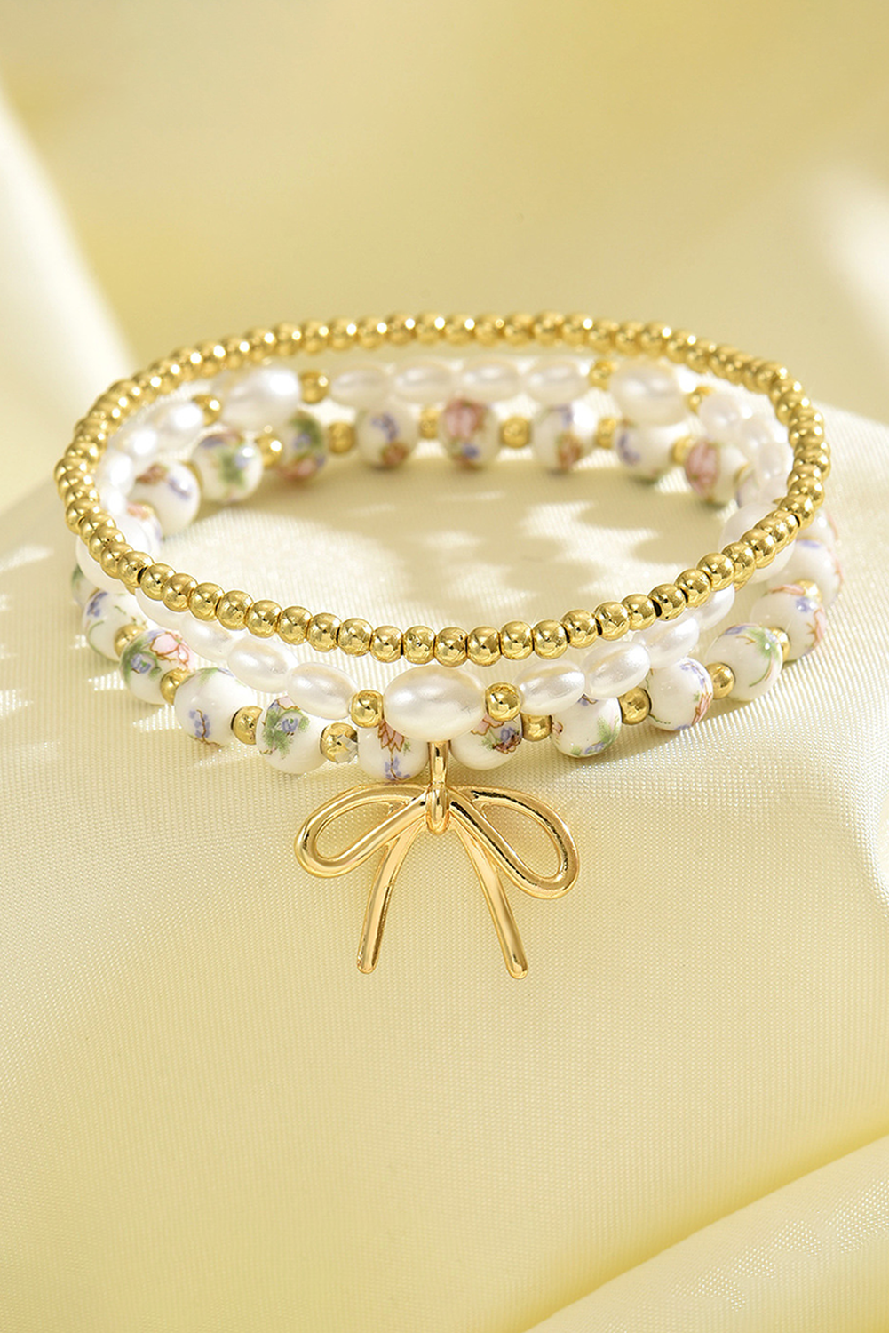 Gold Bow Knot Charm Beaded Triple Layer Bracelet Set Jewelry JT's Designer Fashion