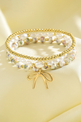 Gold Bow Knot Charm Beaded Triple Layer Bracelet Set Jewelry JT's Designer Fashion