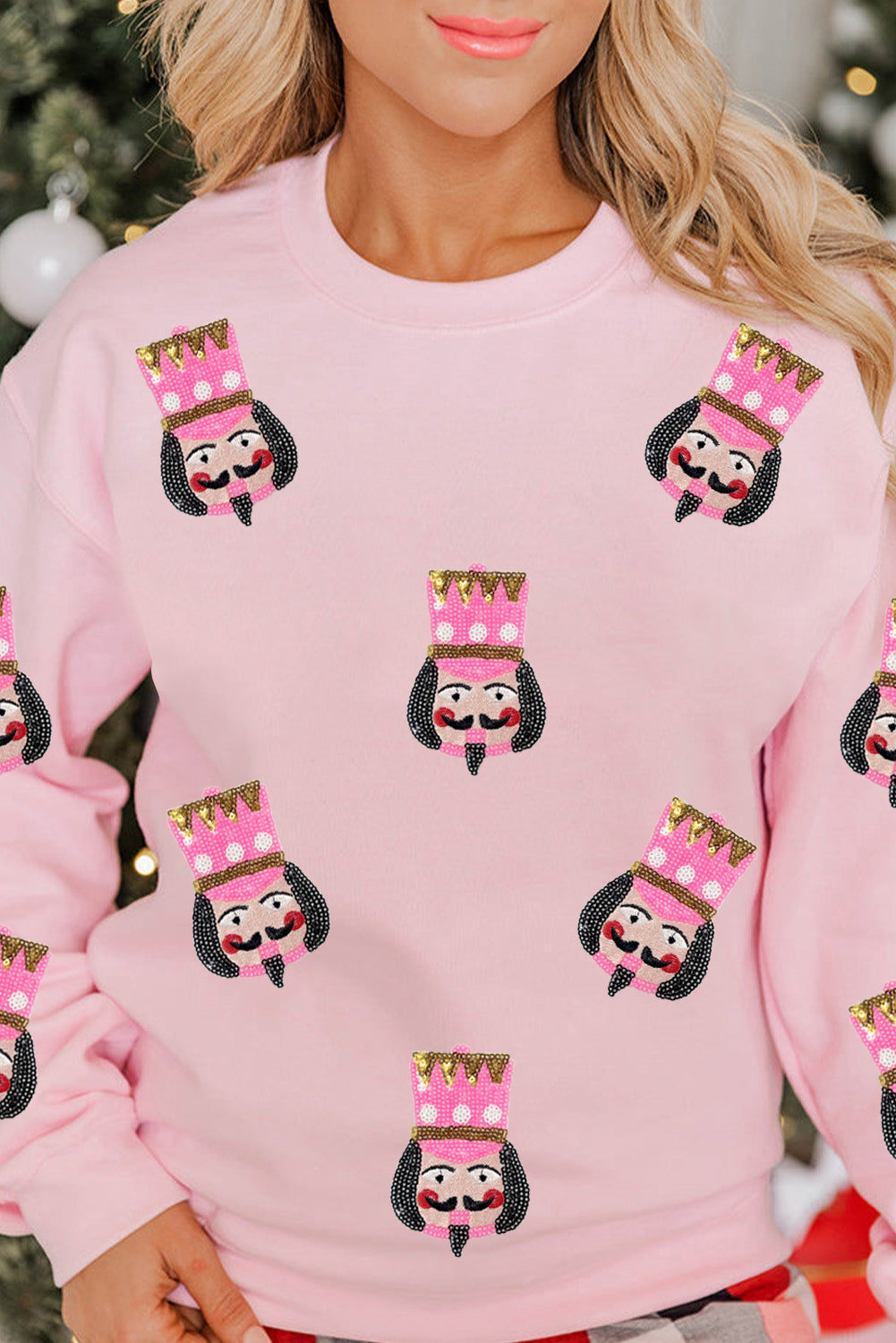 Pink Sequin Nutcracker Graphic Drop Shoulder Christmas Sweatshirt Graphic Sweatshirts JT's Designer Fashion