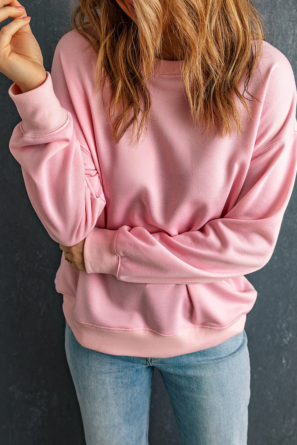 Pink Plain Crew Neck Pullover Sweatshirt Sweatshirts & Hoodies JT's Designer Fashion