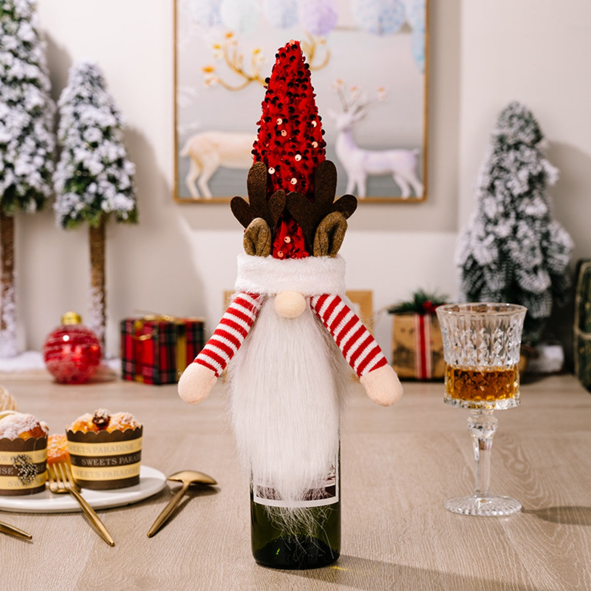 Sequin Pointed Hat Faceless Gnome Wine Bottle Cover Deep Red One Size Home Accessories JT's Designer Fashion