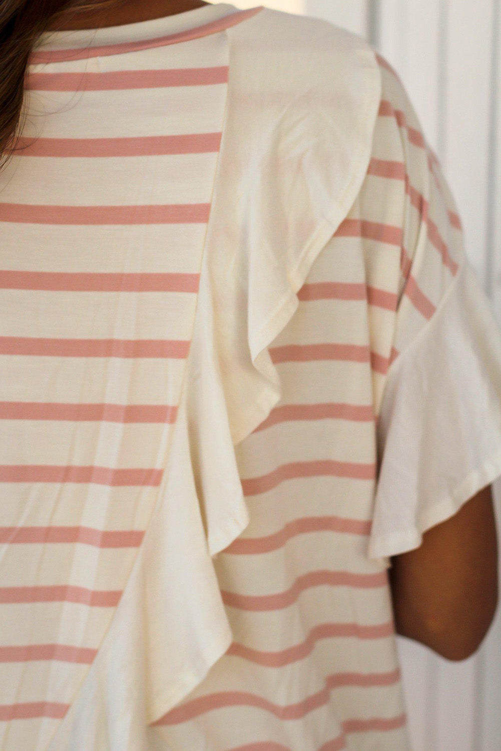 Pink Stripe Ruffled Detail Slit Back Loose T Shirt Pre Order Tops JT's Designer Fashion