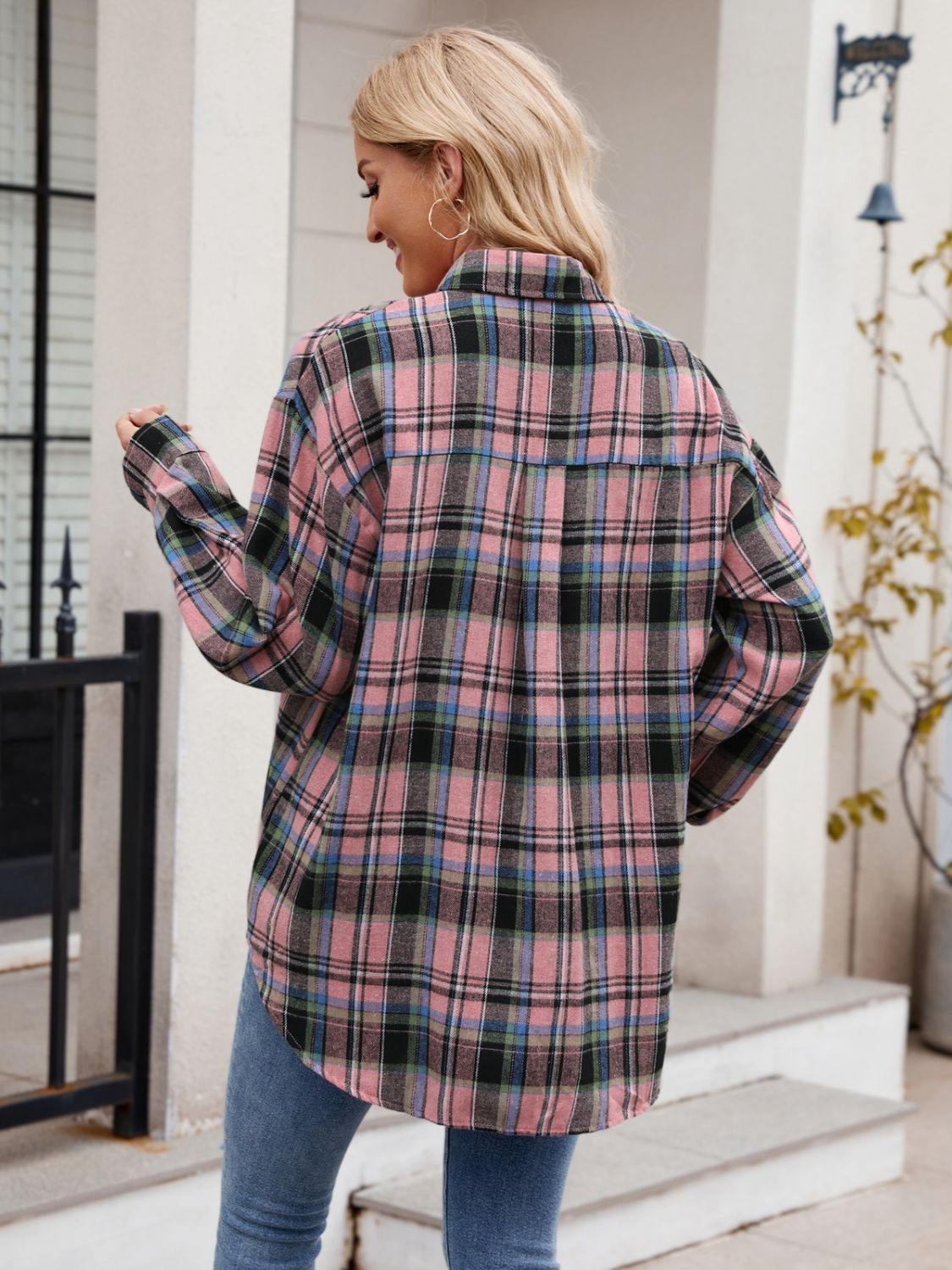 Pocketed Plaid Collared Neck Long Sleeve Shirt Long Sleeve Shirts JT's Designer Fashion