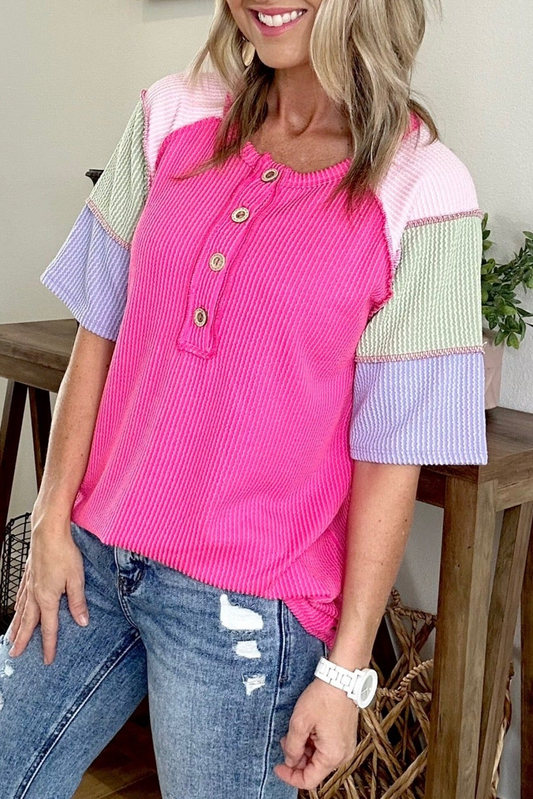 Bright Pink Corded Rib Colorblock Patchwork Placketed Half Sleeve Top Pre Order Tops JT's Designer Fashion