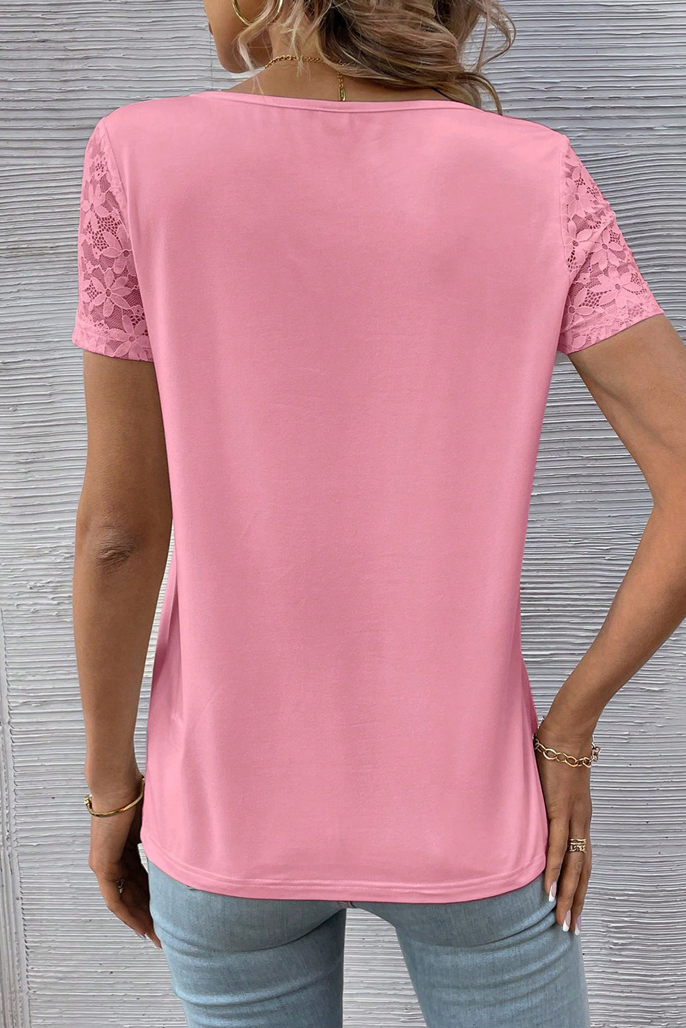 Sachet Pink Contrast Lace V-Neck Patchwork Sleeve Casual T-Shirt Pre Order Tops JT's Designer Fashion