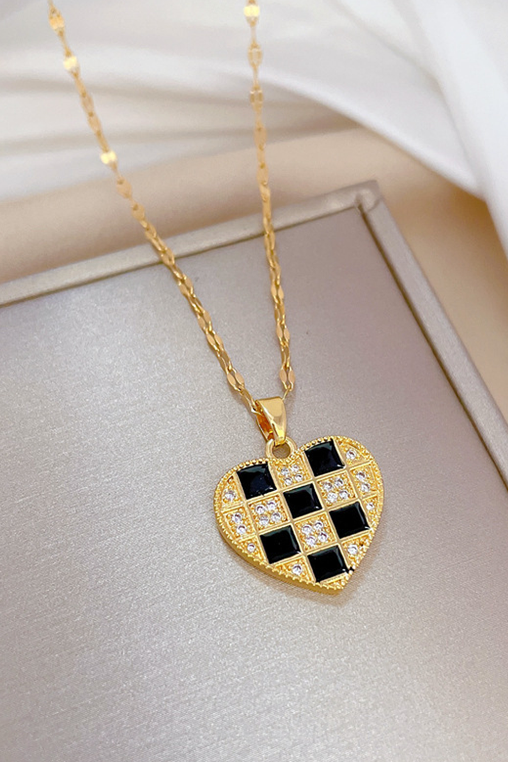 Gold Checker Heart Shape Pendant Necklace Jewelry JT's Designer Fashion