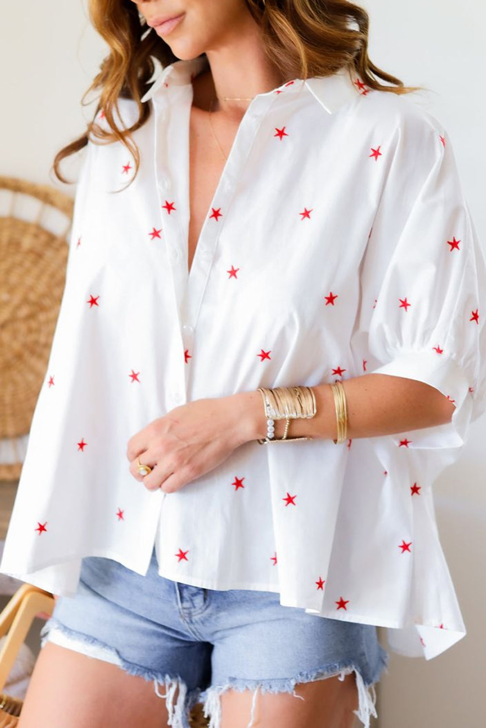 White Red Little Stars Printed Loose Half Sleeve Shirt Pre Order Tops JT's Designer Fashion