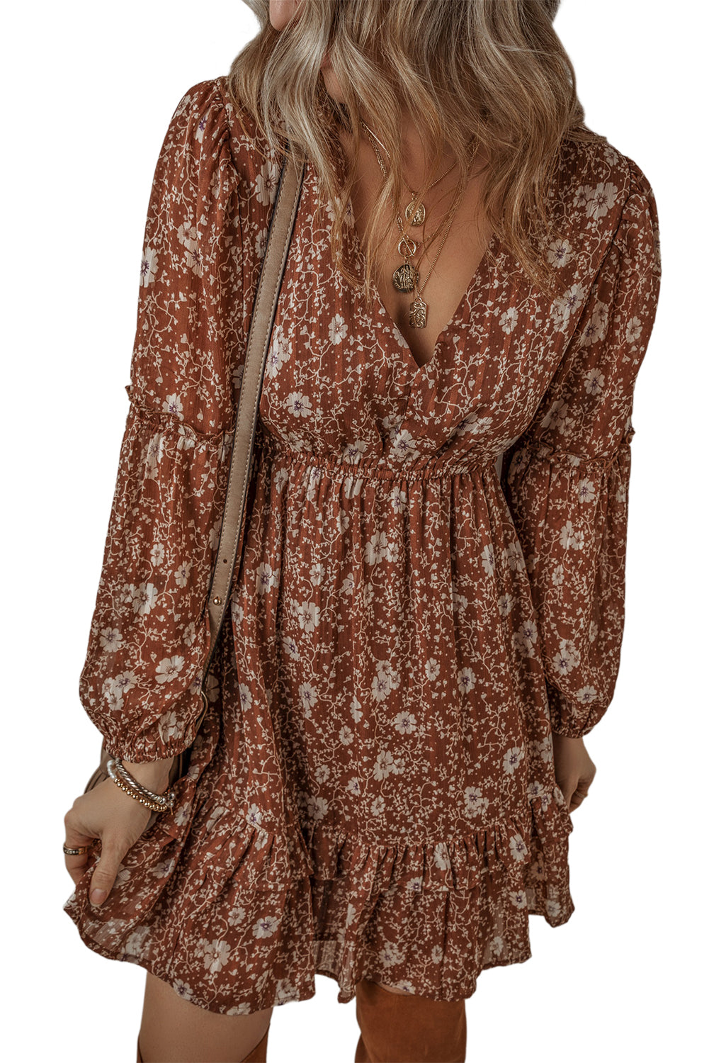 Brown Boho Floral Ruffled Puff Sleeve V Neck Mini Dress Floral Dresses JT's Designer Fashion