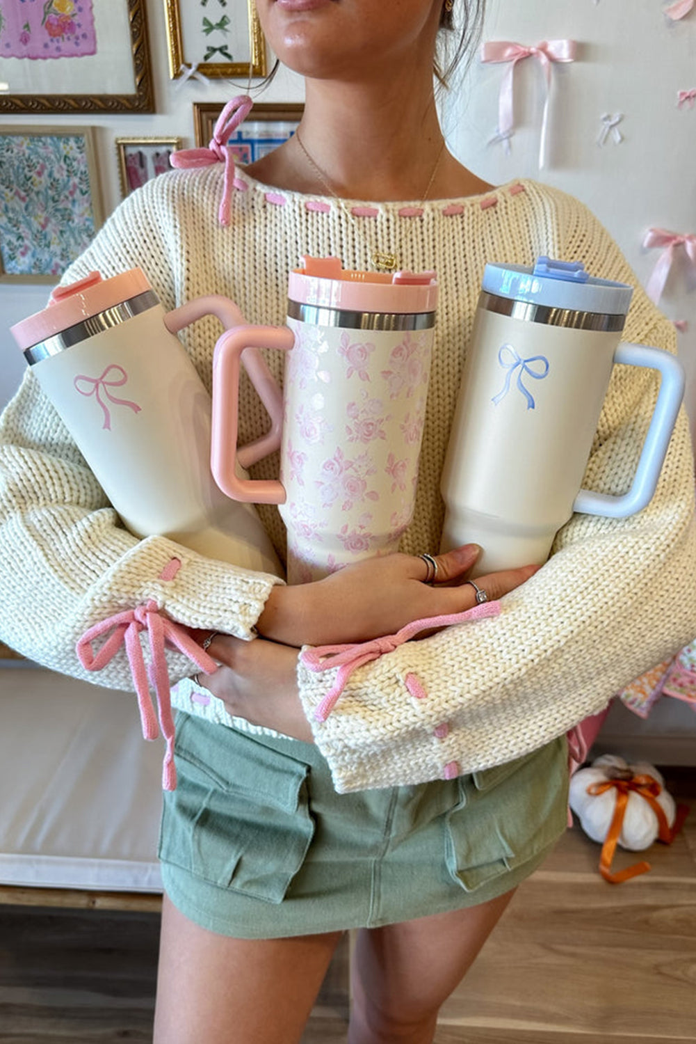 Pink Bow Knot Color Block Handle Tumbler 40Z Tumblers JT's Designer Fashion