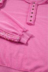 Bonbon Sequin Patchwork High Low Hem Henley Sweatshirt Sweatshirts & Hoodies JT's Designer Fashion