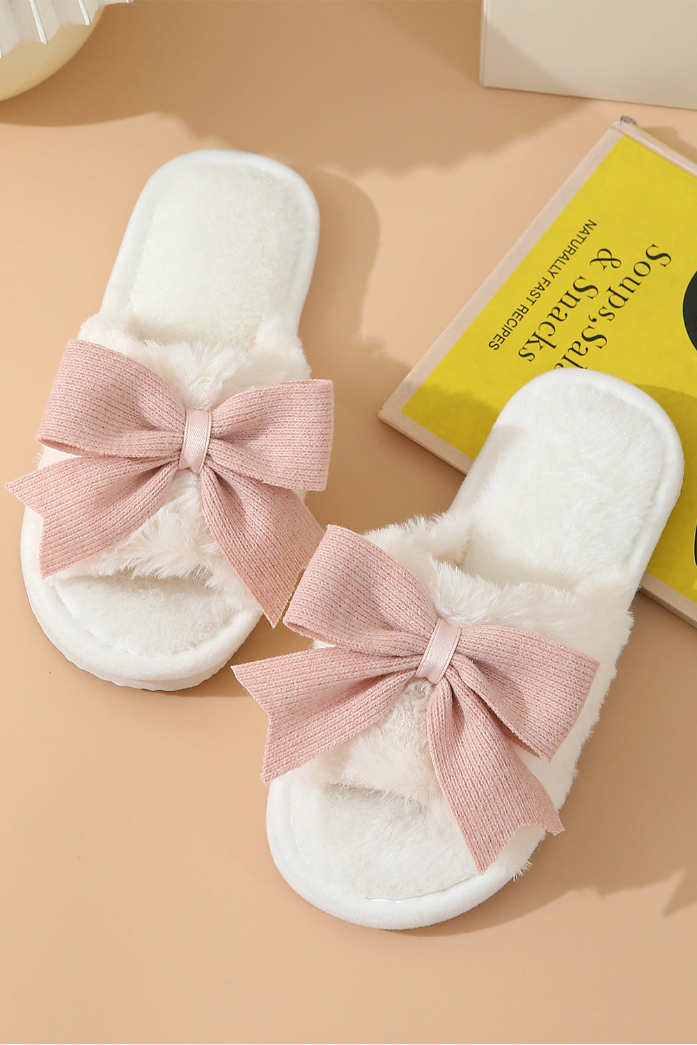 White Bow Knot Decor Open Toe Plush Slippers Slippers JT's Designer Fashion