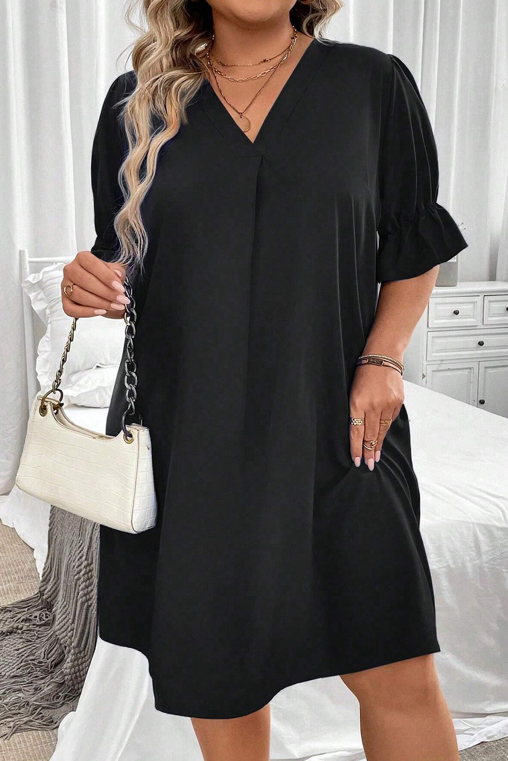 Black Solid Ruffled Puff Sleeve V Neck Plus Size Mini Dress Plus Size JT's Designer Fashion