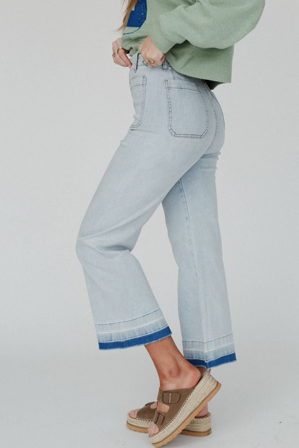 Beau Blue Acid Wash Contrast Edge Pocketed Cropped Jeans Pre Order Bottoms JT's Designer Fashion