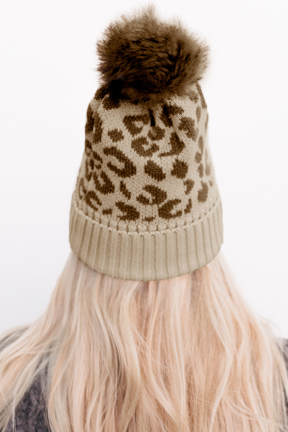 Khaki Pom Leopard Patchwork Knit Beanie Hat Hats & Caps JT's Designer Fashion