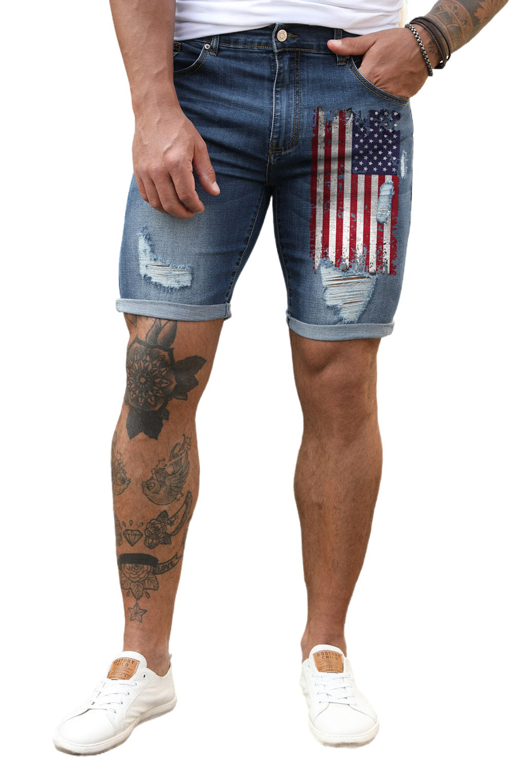 Blue American Flag Print Distressed Skinny Fit Men's Denim Shorts Men's Pants JT's Designer Fashion