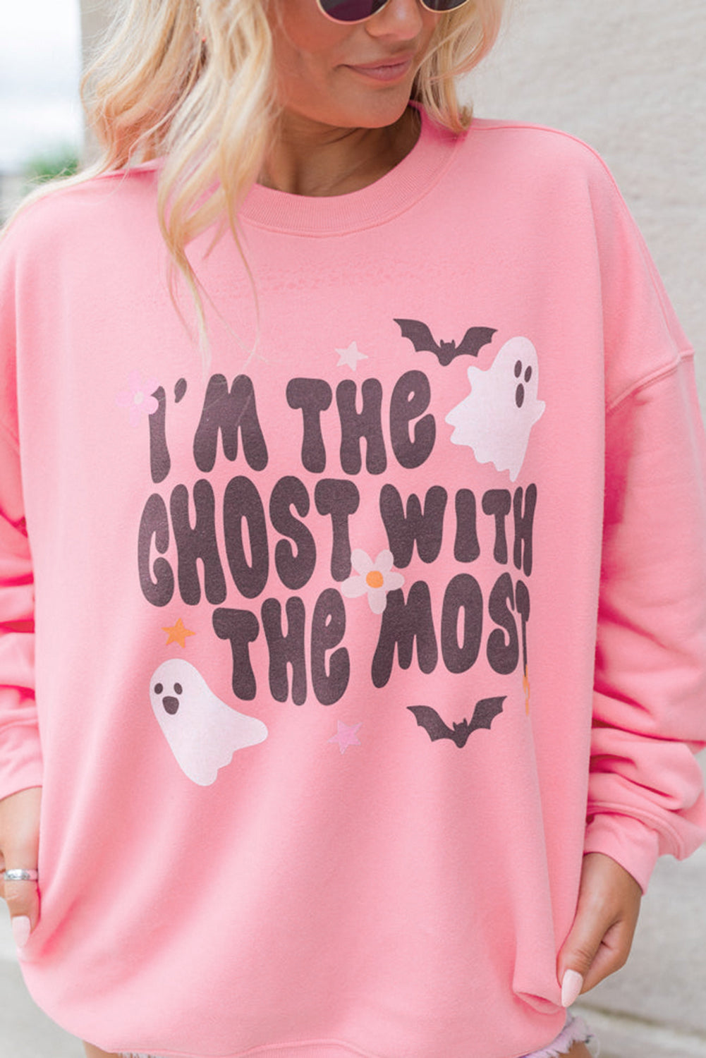 Pink Halloween Slogan Ghost Bat Graphic Drop Shoulder Sweatshirt Graphic Sweatshirts JT's Designer Fashion