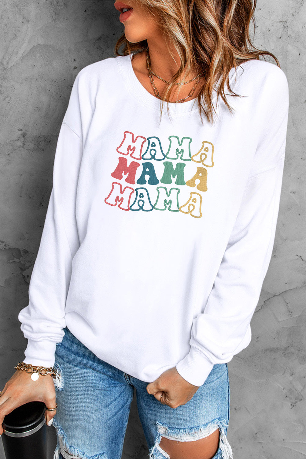 White MAMA Letter Embroidered Long Sleeve Sweatshirt Graphic Sweatshirts JT's Designer Fashion