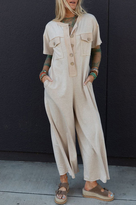 Jet Stream Half Placket Chest Pockets Short Sleeve Wide Leg Jumpsuit Bottoms JT's Designer Fashion