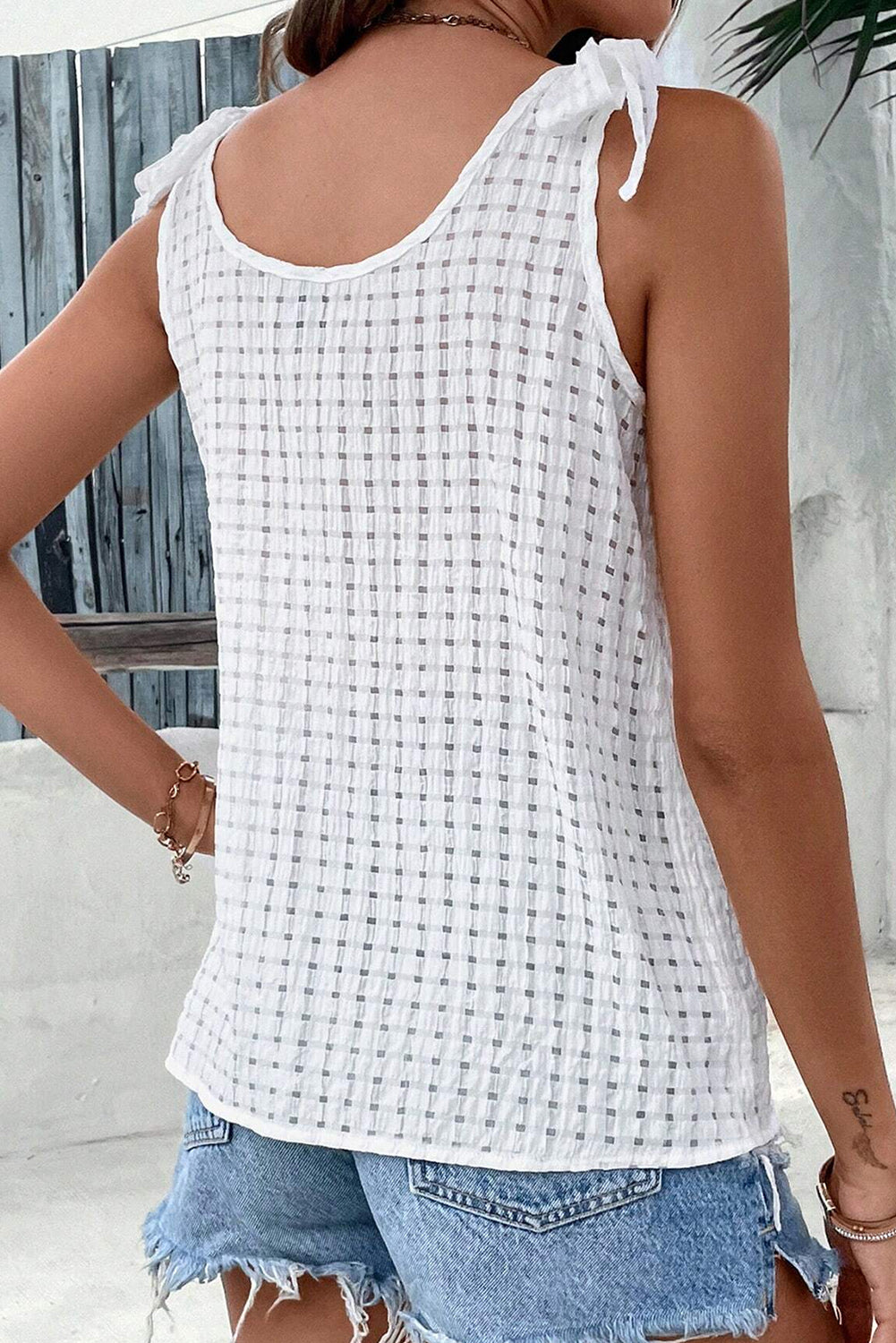 White Lattice Texture Bowknot Shoulder V Neck Tank Top Pre Order Tops JT's Designer Fashion