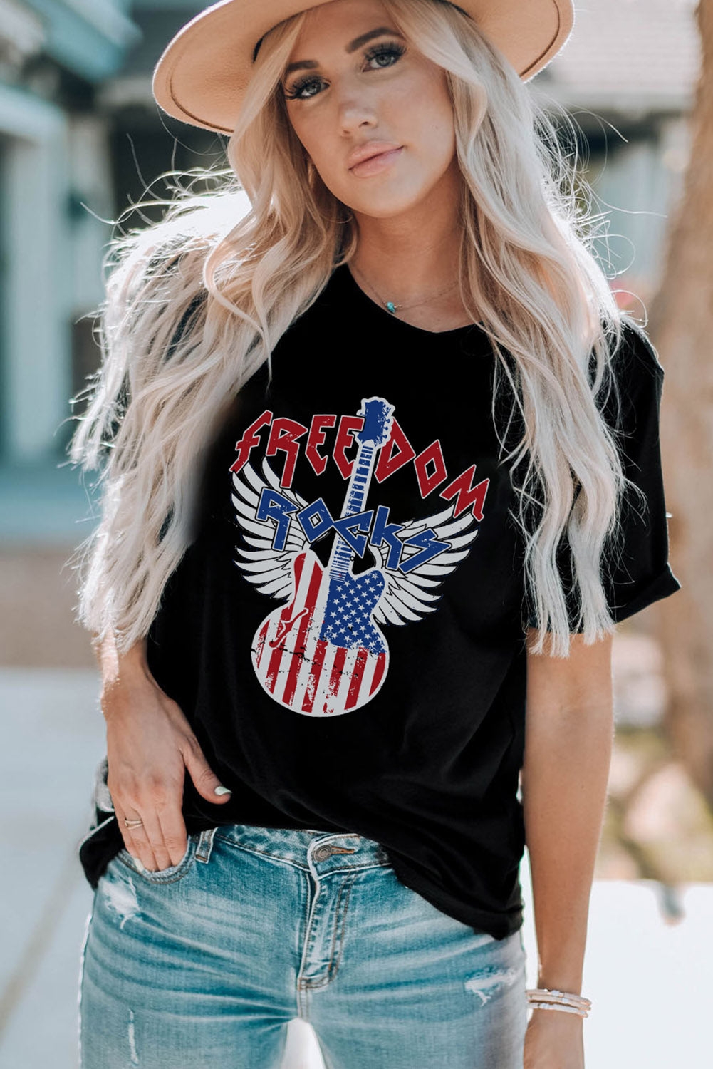 Black American Flag Guitar Print Crew Neck Tee Graphic Tees JT's Designer Fashion