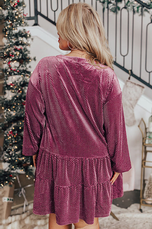 Meadow Mauve Plus Size Textured Velvet Tiered Buttons Tiered Dress Plus Size Mini Dresses JT's Designer Fashion