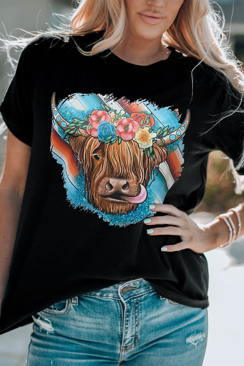 Black Serape Floral Steer Head Graphic Western T-shirt Graphic Tees JT's Designer Fashion