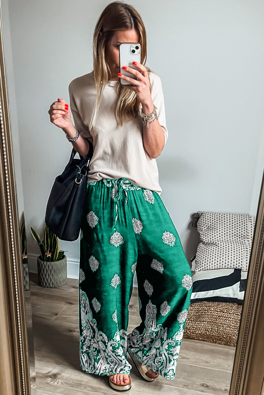 Green Bohemian Printed Drawstring Waist Wide Leg Pants Bottoms JT's Designer Fashion