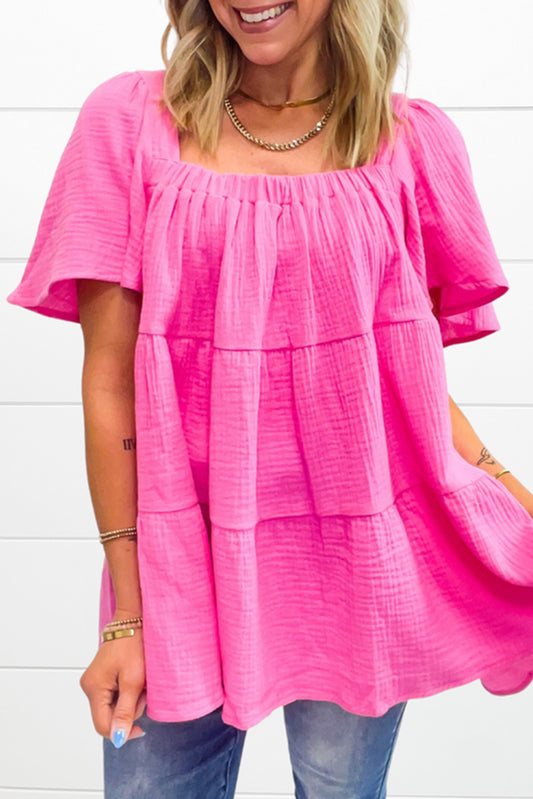 Bright Pink Textured Square Neck Flutter Sleeve Tiered Flowy Blouse Blouses & Shirts JT's Designer Fashion