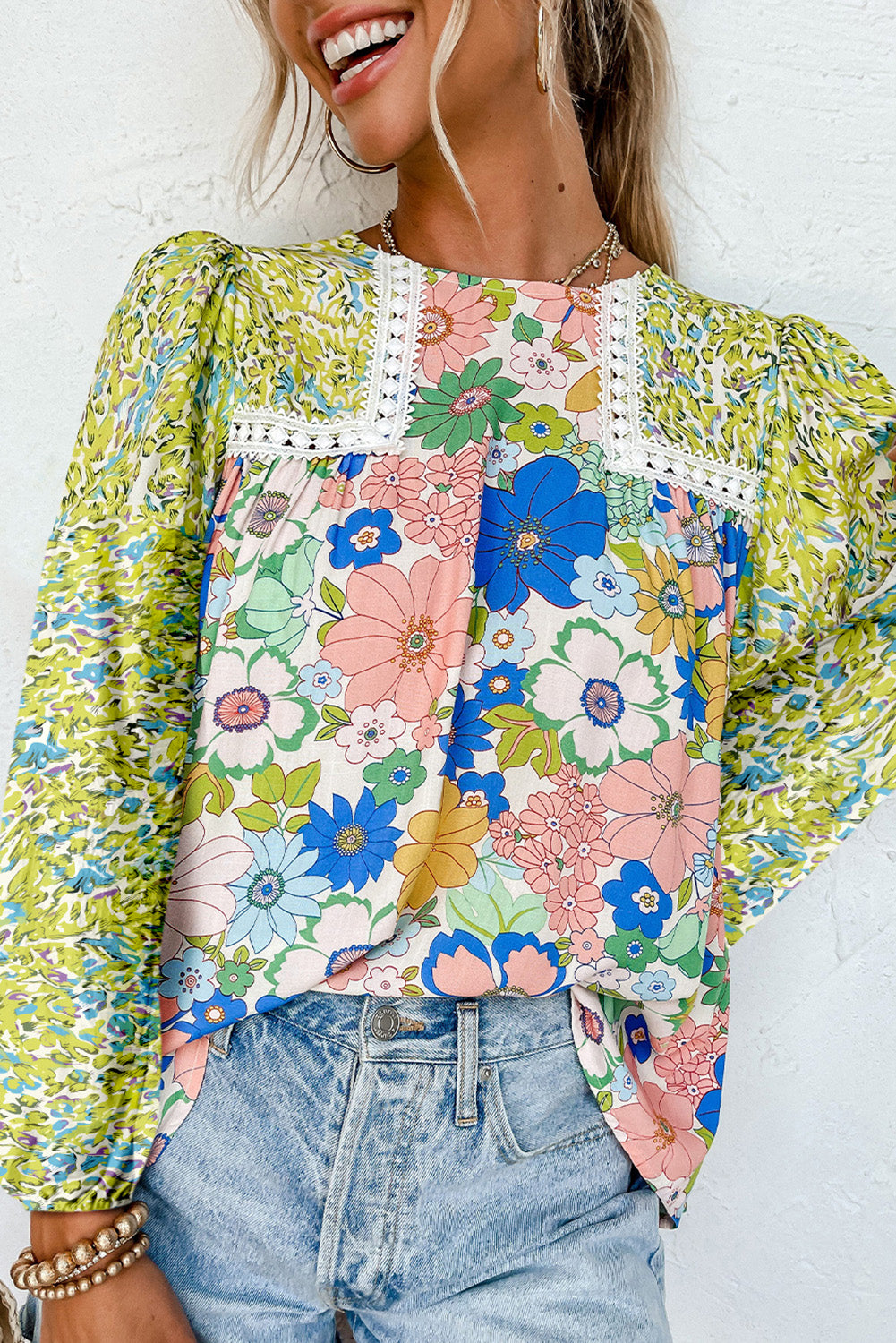 Green Mixed Floral Print Long Sleeve Blouse Blouses & Shirts JT's Designer Fashion