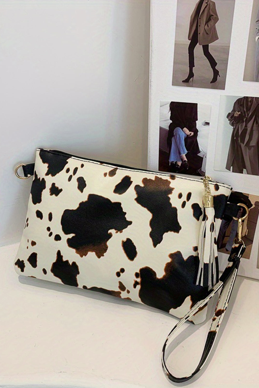 White Cow Print Wrist Strap Zipped Wallet Handbags JT's Designer Fashion