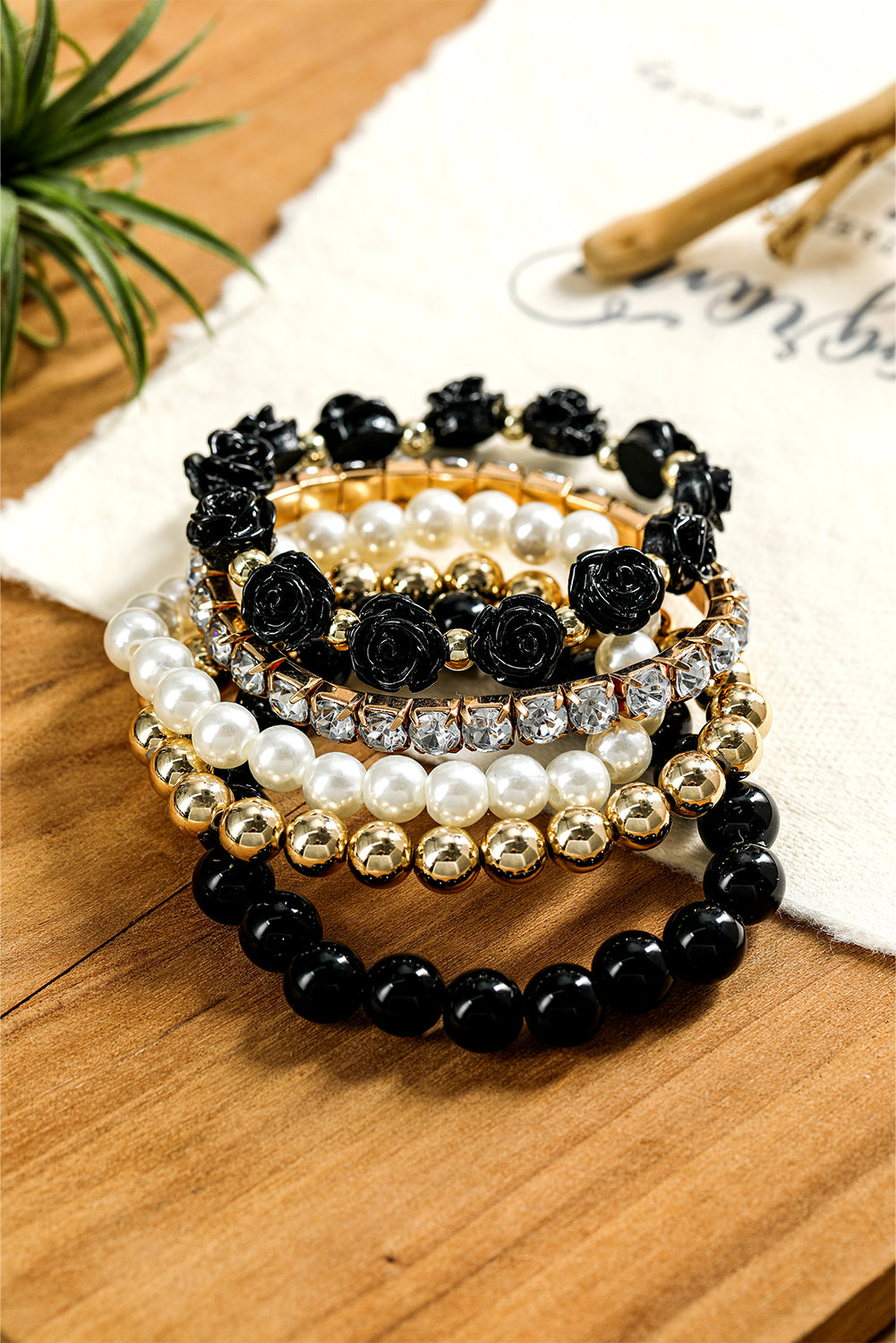 Black Flower Rhinestone Beaded Multi Layer Bracelet Set Jewelry JT's Designer Fashion